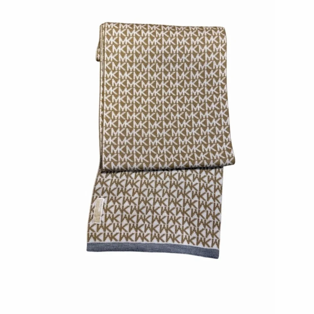 Michael Kors Knit Scarf Beige Cream Logo Monogram Gray Trim